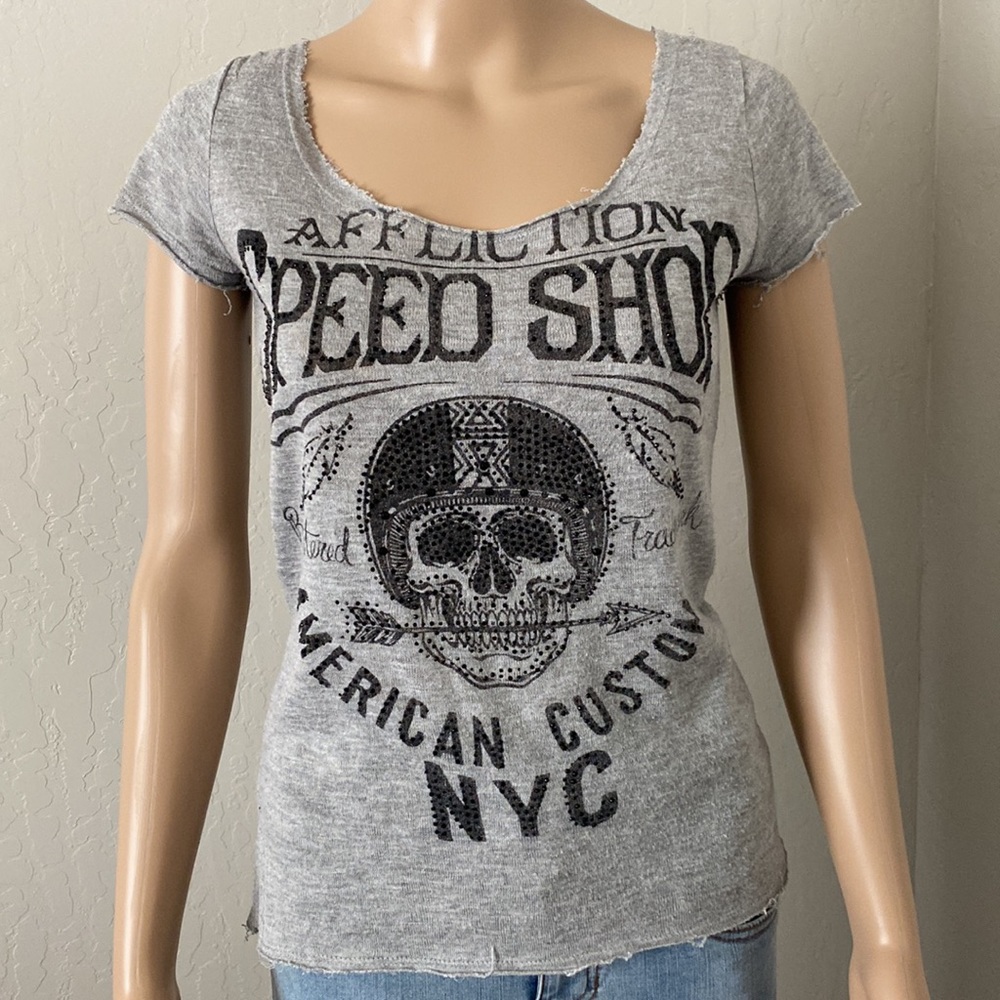 Affliction American Customs Speed Shop NYC Raw Edge  Frayed Hems Top